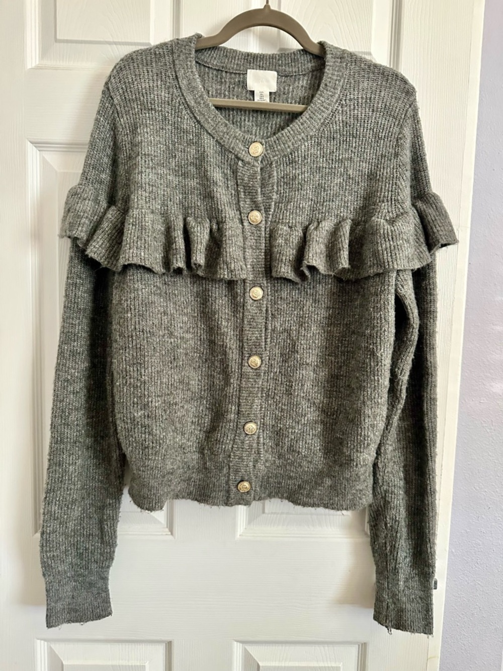 H&M Grey Ruffle-Detail Ribbed Knit Sweater Cardigan - Picture 8 of 13